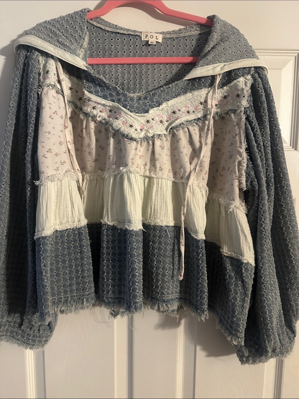 POL Patchwork Peasant Top in Dusty Blue & Cream - Picture 7 of 7